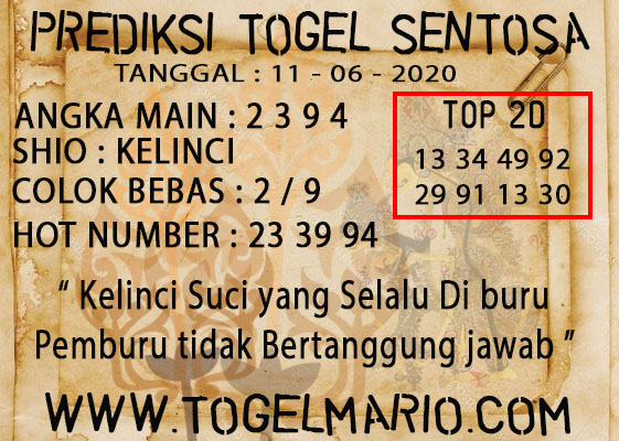 PREDIKSI TOGEL SENTOSA TANGGAL 11 JUNI 2020