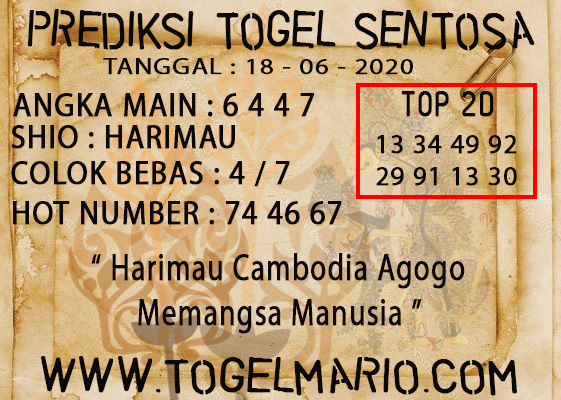 PREDIKSI TOGEL SENTOSA TANGGAL 18 JUNI 2020