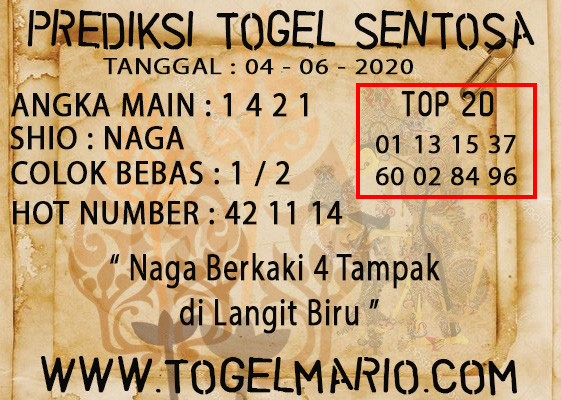 PREDIKSI TOGEL SENTOSA TANGGAL 4 JUNI 2020