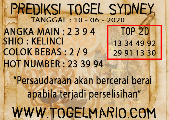 PREDIKSI TOGEL SYDNEY 10 JUNI 2020