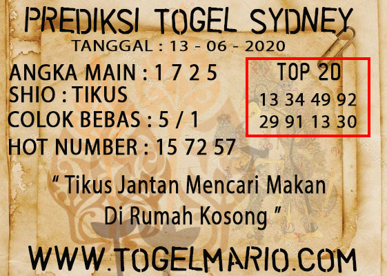 PREDIKSI TOGEL SYDNEY TANGGAL 13 JUNI 2020