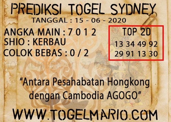 PREDIKSI TOGEL SYDNEY TANGGAL 15 JUNI 2020