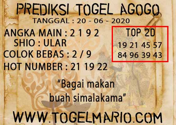 PREDIKSI TOGEL AGOGO 4D 20 JUNI 2020