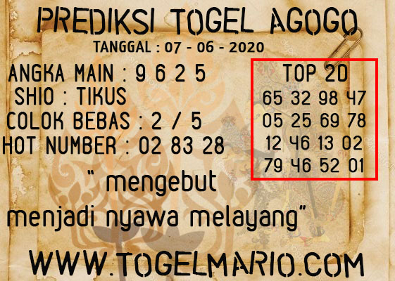 PREDIKSI TOGEL AGOGO 4D TANGGAL 7 JUNI 2020