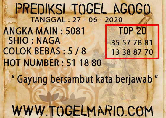 PREDIKSI TOGEL AGOGO 4D 27 JUNI 2020