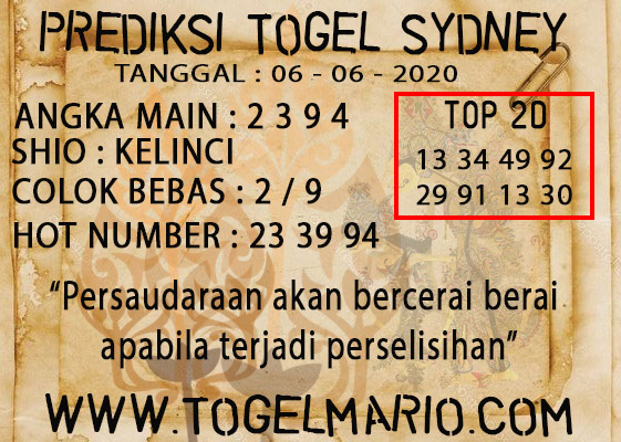 PREDIKSI TOGEL SYDNEY 6 JUNI 2020