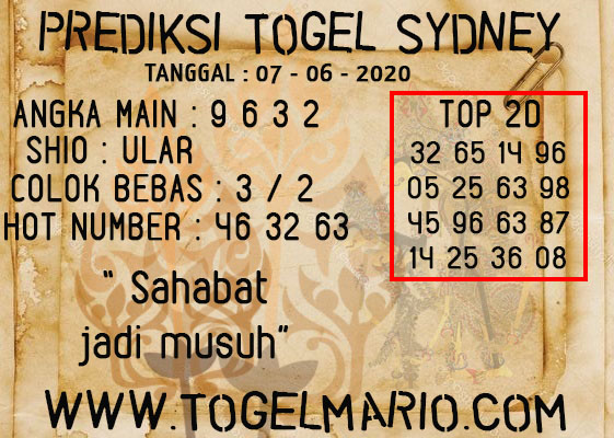 PREDIKSI TOGEL SYDNEY TANGGAL 7 JUNI 2020