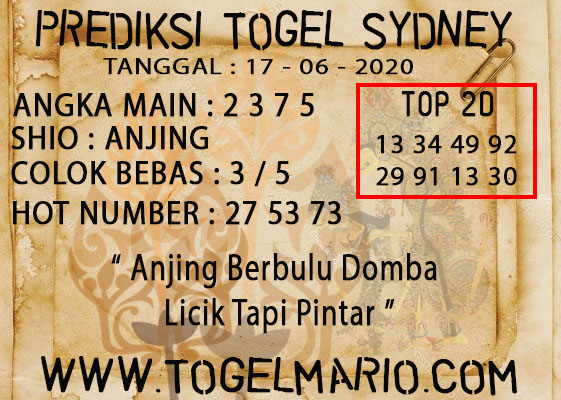 PREDIKSI TOGEL SYDNEY TANGGAL 17 JUNI 2020