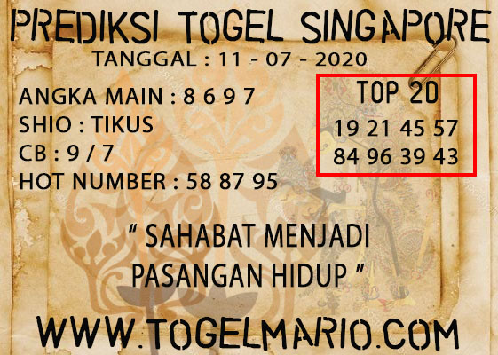 ANGKA MAIN : 8 6 9 7 SHIO : TIKUS CB : 9 / 7 HOT NUMBER : 58 87 95